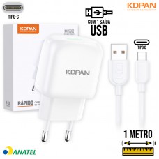 Kit Carregador 1 USB + Cabo Tipo C 1m KN-556C Kdpan